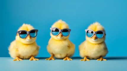 Three yellow easter chicks wearing blue sunglasses in a fun and playful pose on a bright studio blue background, symbolizing springtime celebration and festive holiday spirit.


