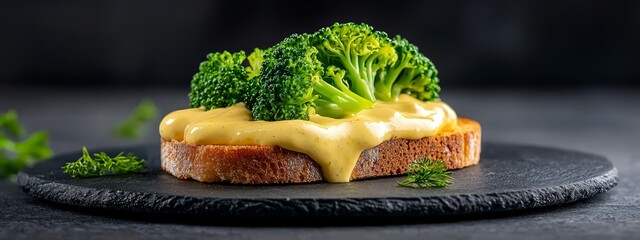 Wall Mural -  A slice of bread topped with a piece of broccoli and drizzled with sauce