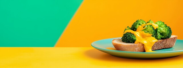 Wall Mural -  A slice of bread topped with a piece of broccoli on a yellow-green plate