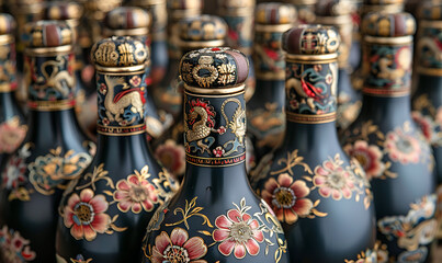 A row of elegantly designed wine bottles featuring intricate floral patterns, showcasing a blend of art and beverage.