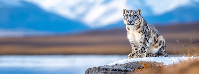  A snow leopard atop a rock near a waterbody Snow-capped mountains behind