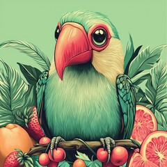 Wall Mural - Tropical Toucan Illustration with Fruits and Leaves