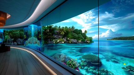 A luxurious underwater hotel with panoramic glass walls offering breathtaking views of a vibrant coral reef teeming with marine life, 