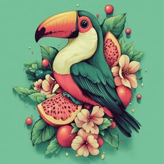 Poster - Tropical Toucan with Watermelon and Flowers