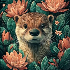 Poster - Cute Otter Among Flowers