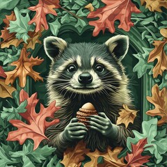 Wall Mural - Raccoon Holding an Acorn in Autumn Leaves