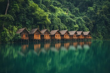 Wall Mural - Serene wooden cabins line a tranquil lake surrounded by lush greenery. This stunning landscape captures peace and rustic charm. Perfect for nature lovers. Generative AI