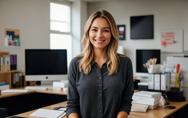 Laughing woman at contemporary office workplace 