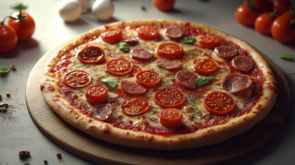 A pizza with tomatoes and bacon on it. The pizza is on a wooden board. The pizza is very large and has a lot of toppings