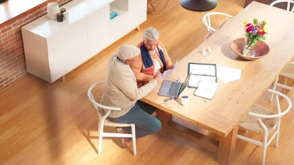 Poster - Home, budget and elderly couple with laptop, paperwork and financial planning for retirement from above. Old man, woman and discussion in house for mortgage payment, pension fund or health insurance