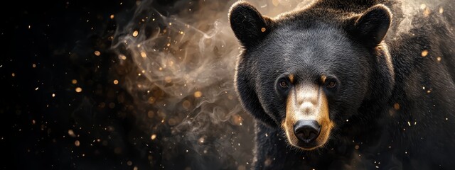 Wall Mural -  A tight shot of a black bear's expressive face against a pitch-black backdrop, speckled with golden flecks