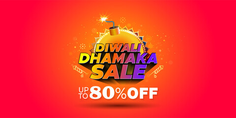 Wall Mural - Diwali dhamaka sale, festive offers upto 80% off, deal, discount concept on red background. 3d vector logo design.