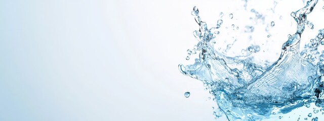  Close-up of water splashing into clear glass on white backdrop; blue sky visible behind