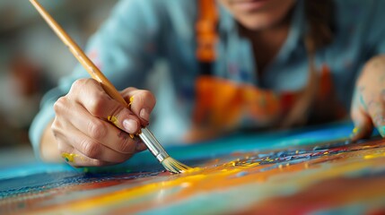 Woman artist painting a colorful canvas