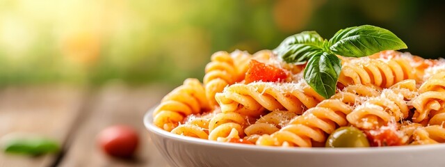 Canvas Print -  A pasta bowl filled with tomatoes, olives, and Parmesan cheese topped with a basil leaf