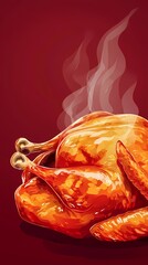 Wall Mural - A golden brown, roasted chicken with steam rising from it on a red background.