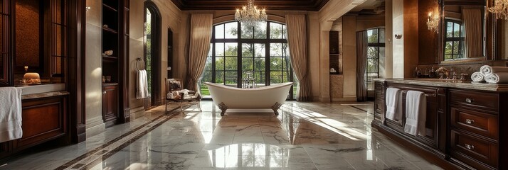 Wall Mural - This luxurious bathroom features elegant marble floors, a freestanding bathtub, and large windows that fill the space with soft, natural light for a serene atmosphere