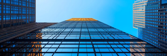 Wall Mural - This tall office building dominates the skyline, showcasing sleek glass facades against a bright blue backdrop while surrounded by other modern structures