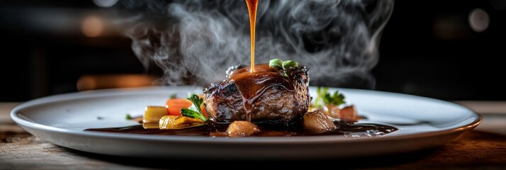 A rich, glossy sauce cascades over a beautifully plated gourmet dish, enhancing its presentation with vibrant vegetables and steam rising in an inviting restaurant ambiance