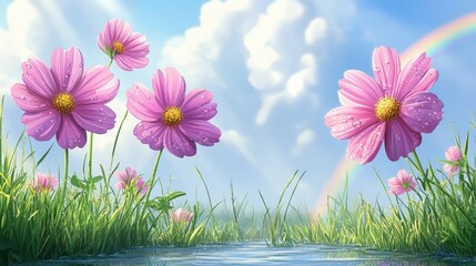 Pink cosmos flower field with rainbow after rain in blue sky and cloud,watercolor,This is an illustration of a sunny autumn sky and a cosmos field,3D illustration,space for text.