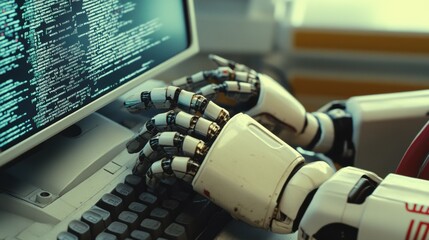 Robotic Hand Programming Intricate Code on Computer Screen