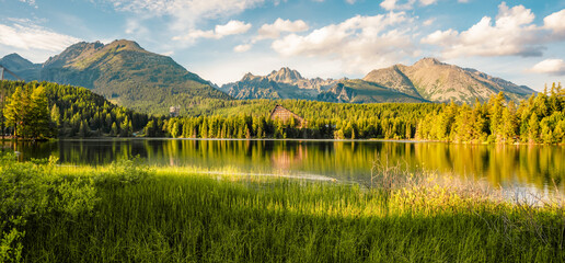 Mountain lake Strbske pleso. Strbske lake with view of the High Tatras National Park, Slovakia