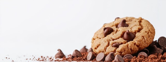 Wall Mural -  A tight shot of a chocolate chip cookie atop a mound of chocolate chips, revealing a bite taken