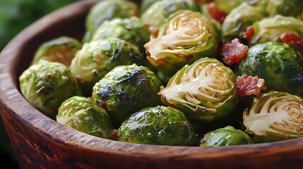 Wall Mural - Close up of roasted brussels sprouts with bacon in a wooden bowl.