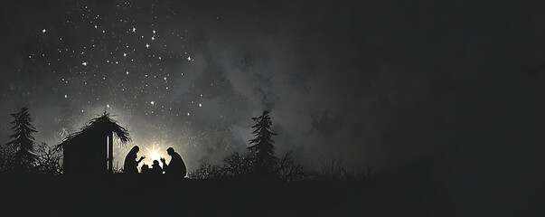 Wall Mural - silhouette of the holy family manger scene, starry night, dark grey & black digital art on white bac