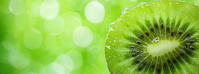 Wall Mural -  A tight shot of a Kiwi fruit slice against a verdant backdrop, adorned with water droplets atop