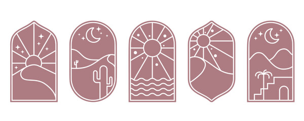 Wall Mural - desert boho logo with sun and mountains. vector abstract bohemian illustration with moon cactus and 