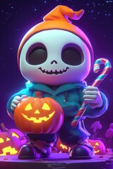 Sticker - Cute Cartoon Skeleton Holding a Jack-o'-Lantern and Candy Cane for Halloween