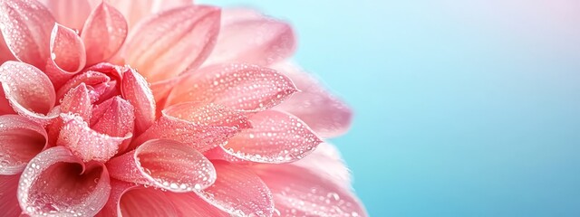 Wall Mural -  A pink flower's close-up, dewdrops on petals, blue sky background