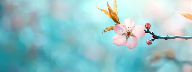 Wall Mural -  A pink flower, focus tight, perched on a tree branch against a hazy backdrop of blue sky and verdant leaves