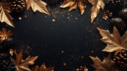 Poster - Luxurious Autumn Gold Leaf Frame with Glitter on Dark Background