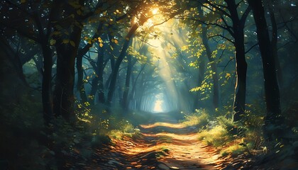 Wall Mural - On the lonely path in the dark forest, the sun shines through the leaves on the ground, creating a mysterious and peaceful atmosphere.