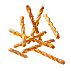 falling twisted pretzel sticks, isolated on white background.