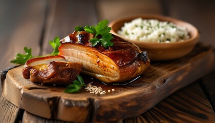 Wall Mural - Food keywords on the brown wooden board: meat, food, food photography, dinner, gourmet, lunch, pork, delicious, meal, vegetable, parsley