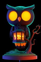 Sticker - Cartoon Owl Holding a Lantern with Glowing Eyes