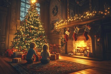 Christmas morning scene with children excitedly opening presents under a beautifully decorated tree, with stockings hanging by the fireplace and warm lights glowing 