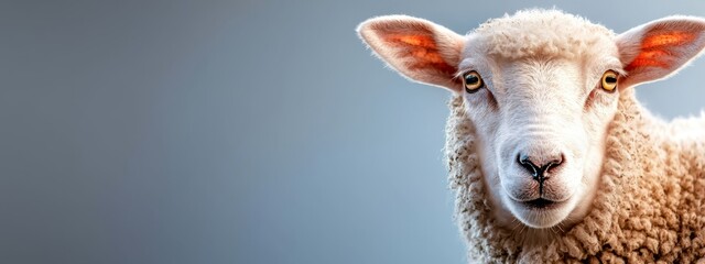 Wall Mural -  A tight shot of a sheep's head, showcasing its light brown ear and white facial fleece