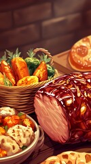 Wall Mural - A close-up of a roasted ham with vegetables, potatoes, and bread on a wooden table.