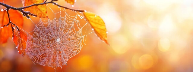 Wall Mural -  A tight shot of a spider web on a tree branch, autumn leaves in the foreground, background softly blurred