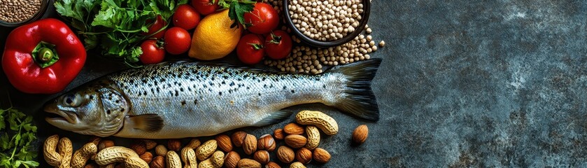 Wall Mural - Fresh Whole Fish Surrounded by Nuts, Vegetables, and Herbs on Rustic Dark Background