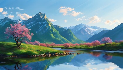 Wall Mural - The green mountains and the tranquil sky complement each other, and the warm spring sun shines on the earth, showing the harmonious beauty of nature.