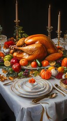 Wall Mural - A roasted turkey with a golden brown crust, surrounded by an abundance of fall fruits and vegetables, sits on a white tablecloth beneath flickering candles.