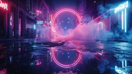 Neon-lit City Alleyway with Reflecting Ring Light