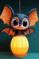 Wall Mural - Cute Cartoon Bat Holding a Japanese Lantern