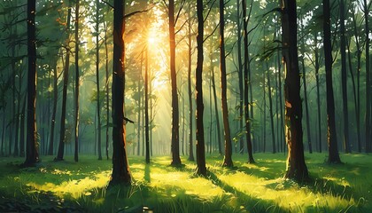 Wall Mural - The tall trees in the forest are illuminated by the sun, and the ground is covered with soft green grass, creating a peaceful and natural atmosphere.