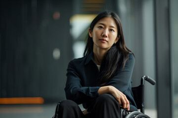 Poster - Asian woman sitting in a black wheelchair